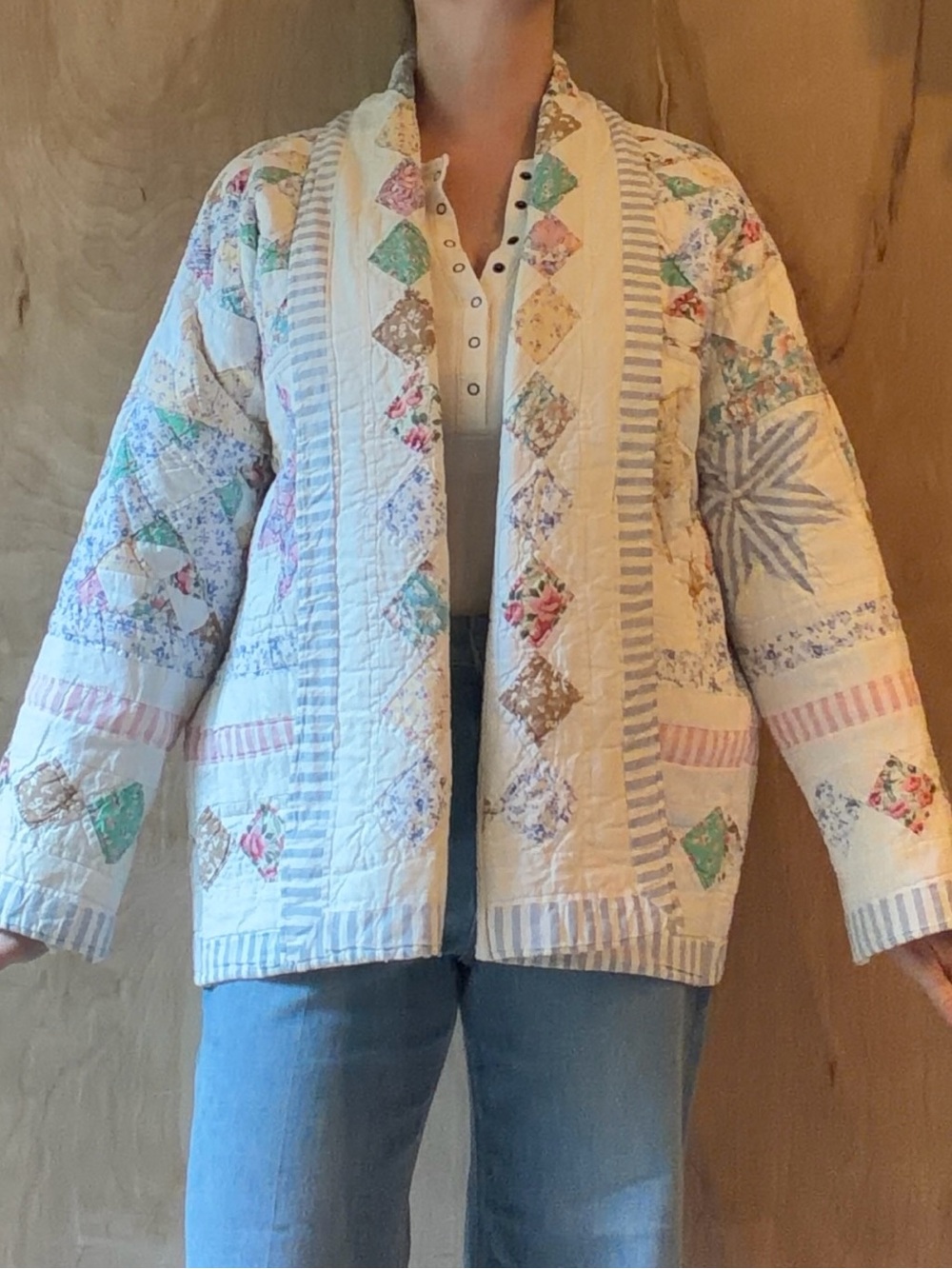 Women's Handmade Patchwork Quilted Jacket - White, Blue, Pink - Picture 8 of 9